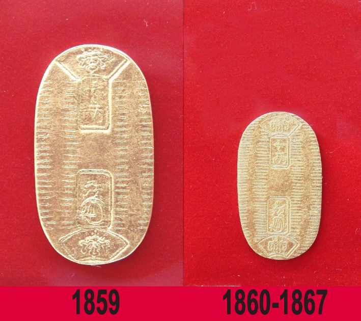 Намаляването на размера на златната монета кобан от 1860 година. Източник: Уикипедия